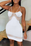 White Fashion Sexy Solid Patchwork Backless Spaghetti Strap Sleeveless Dress
