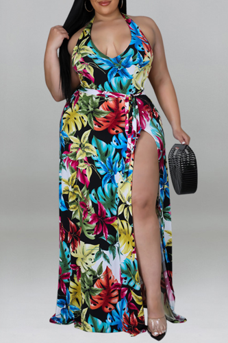 Blue Fashion Print Slit Halter Straight Plus Size Two Pieces
