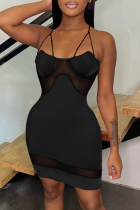 Black Fashion Sexy Solid Split Joint Backless Spaghetti Strap Sleeveless Dress