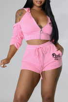 Pink Sexy Print Split Joint Hooded Collar Three Quarter Two Pieces