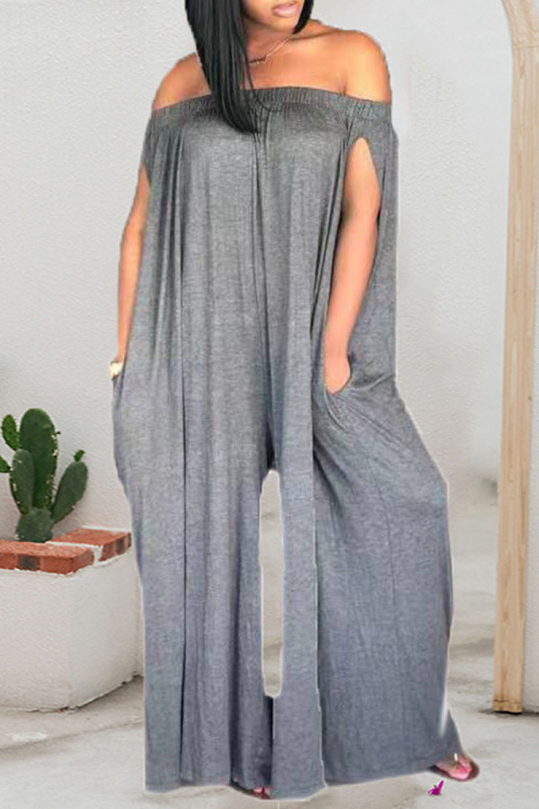 Grey Casual Solid Patchwork Off the Shoulder Straight Jumpsuits