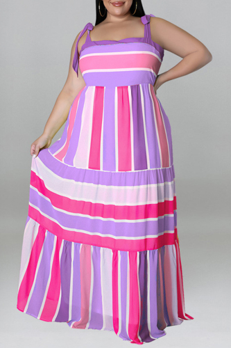 Purple Fashion Casual Plus Size Print Bandage Backless Spaghetti Strap Long Dress
