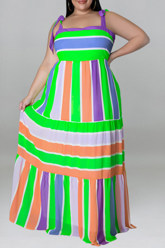 Light Green Fashion Casual Plus Size Print Bandage Backless Spaghetti Strap Long Dress