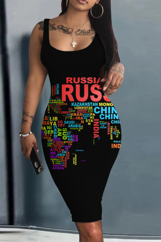 Black Red Fashion Sexy Print Basic U Neck Vest Dress
