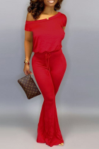 Red Casual Solid Split Joint One Shoulder Boot Cut Jumpsuits