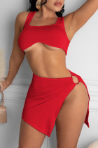 Red Fashion Sexy Solid Slit U Neck Sleeveless Two Pieces