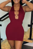 Burgundy Fashion Sexy Solid Hollowed Out Backless Halter Sleeveless Dress