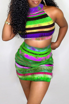Fluorescent Green Sexy Striped Split Joint Halter Sleeveless Two Pieces