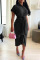 Black Casual Solid Bandage Split Joint Buckle Fold Asymmetrical Turndown Collar Denim Dress Dresses
