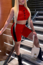 Red Fashion Print Letter Half A Turtleneck Sleeveless Two Pieces