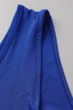 Blue Fashion Sexy Solid Tassel Backless One Shoulder Sleeveless Two Pieces