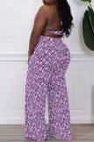 Purple Sexy Print Patchwork Backless Halter Plus Size Two Pieces