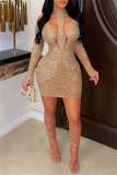 Khaki Fashion Sexy Patchwork Hot Drilling See-through Half A Turtleneck Long Sleeve Dresses