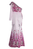 Pink Elegant Print Patchwork Oblique Collar Evening Dress Dresses