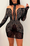 Khaki Fashion Sexy Patchwork Hot Drilling See-through Half A Turtleneck Long Sleeve Dresses
