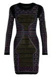 Black Fashion Sexy Patchwork Hot Drill O Neck Long Sleeve Dresses