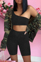 Black Sexy Casual Solid Backless One Shoulder Sleeveless Two Pieces
