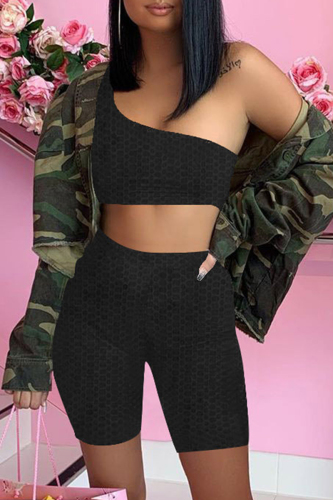 Black Sexy Casual Solid Backless One Shoulder Sleeveless Two Pieces