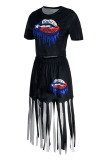 Black Fashion Casual Lips Printed Lace O Neck Short Sleeve Two Pieces