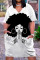 Black White Fashion Casual Print Basic V Neck Short Sleeve Dress