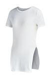 White Fashion Casual Solid Slit O Neck T-Shirts