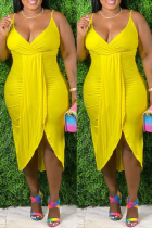 Yellow Fashion Sexy Plus Size Solid Split Joint V Neck Sling Dress