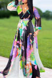 Rainbow Color Casual Elegant Print Patchwork V Neck Straight Dresses