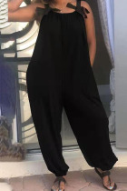 Black Casual Solid Patchwork Spaghetti Strap Loose Jumpsuits