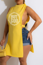Yellow Casual Print Hot Drill O Neck Straight Dresses