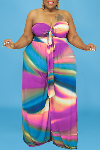 Purple Fashion Sexy Print Backless Strapless Plus Size Two Pieces