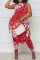 Red Casual Print Bandage Patchwork Asymmetrical O Neck Plus Size Two Pieces