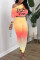 Yellow Red Fashion Casual Gradual Change Letter Print Basic Oblique Collar Long Sleeve Two Pieces
