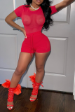 Red Sexy Solid Mesh O Neck Short Sleeve Two Pieces