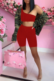 Red Sexy Casual Solid Backless One Shoulder Sleeveless Two Pieces