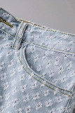 Baby Blue Sexy Street Solid Ripped Hollowed Out Patchwork High Waist Straight Denim Shorts