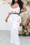 Khaki Crochet Sleeveless Fringed Hollowed Out Cami Crop Top And Pants Set Vacation Beach Matching Set