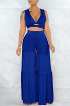 Blue Fashion Casual Solid Hollowed Out Patchwork Backless V Neck Sleeveless Two Pieces