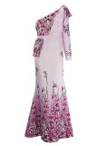 Pink Elegant Print Patchwork Oblique Collar Evening Dress Dresses