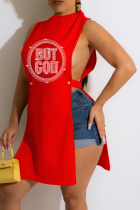 Red Casual Print Hot Drill O Neck Straight Dresses