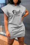 Grey Fashion Casual Letter Print Patchwork Hooded Collar Short Sleeve Dress