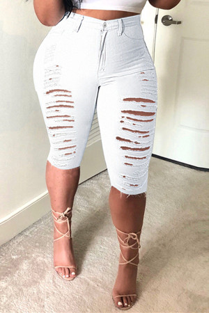 White Fashion Casual Solid Ripped High Waist Skinny Denim Shorts