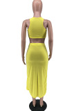 Yellow Fashion Casual Solid Patchwork Slit O Neck Sleeveless Two Pieces