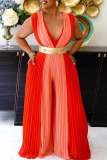 Yellow Casual Solid Patchwork V Neck Plus Size Jumpsuits