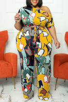 Yellow Fashion Casual Print Bandage Oblique Collar Plus Size Jumpsuits
