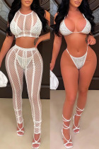 White Fashion Sexy Solid Hollowed Out Patchwork O Neck Sleeveless Four-piece Set