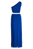 Blue Fashion Sexy Solid Tassel Backless One Shoulder Sleeveless Two Pieces
