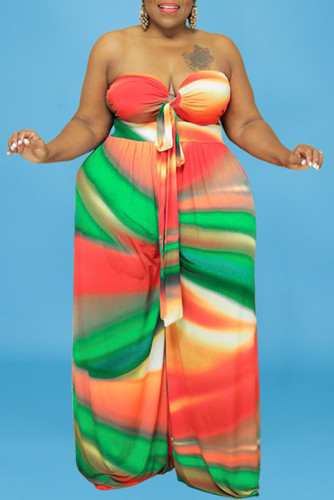 Green Fashion Sexy Print Backless Strapless Plus Size Two Pieces