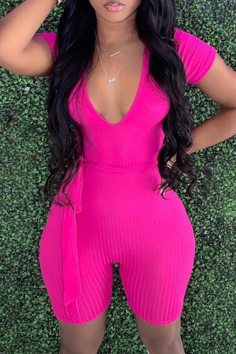 Rose Red Fashion Casual Solid With Belt V Neck Skinny Romper