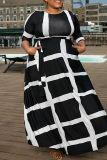 Black Fashion Casual Print Patchwork O Neck A Line Plus Size Dresses