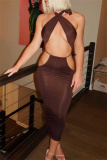 Black Fashion Sexy Solid Bandage Hollowed Out Backless Halter Sleeveless Two Pieces